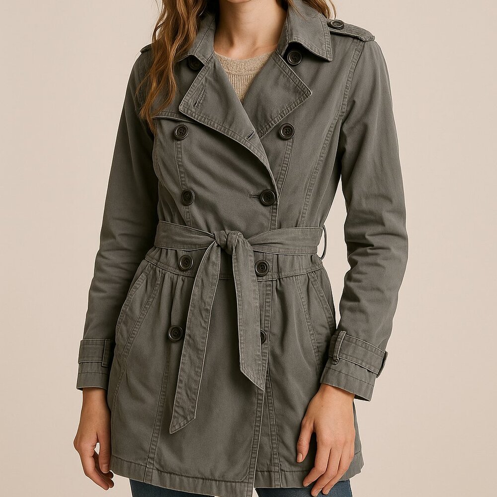 Free People Size 6 Double Breasted Trench Coat Washed Gray Cotton Belted Jacket